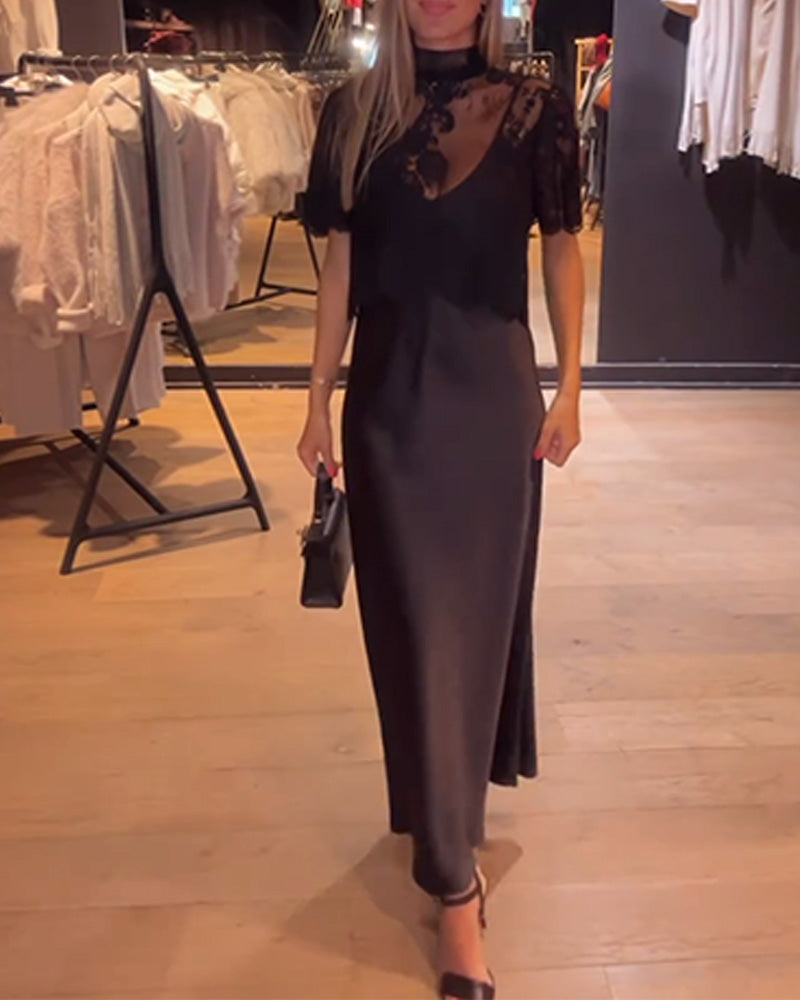 Conjunto de blusa de encaje y rejilla con vestido camisero drapeado