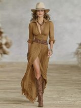 Aurora | Vestido Largo de Lino con Cuello Invertido